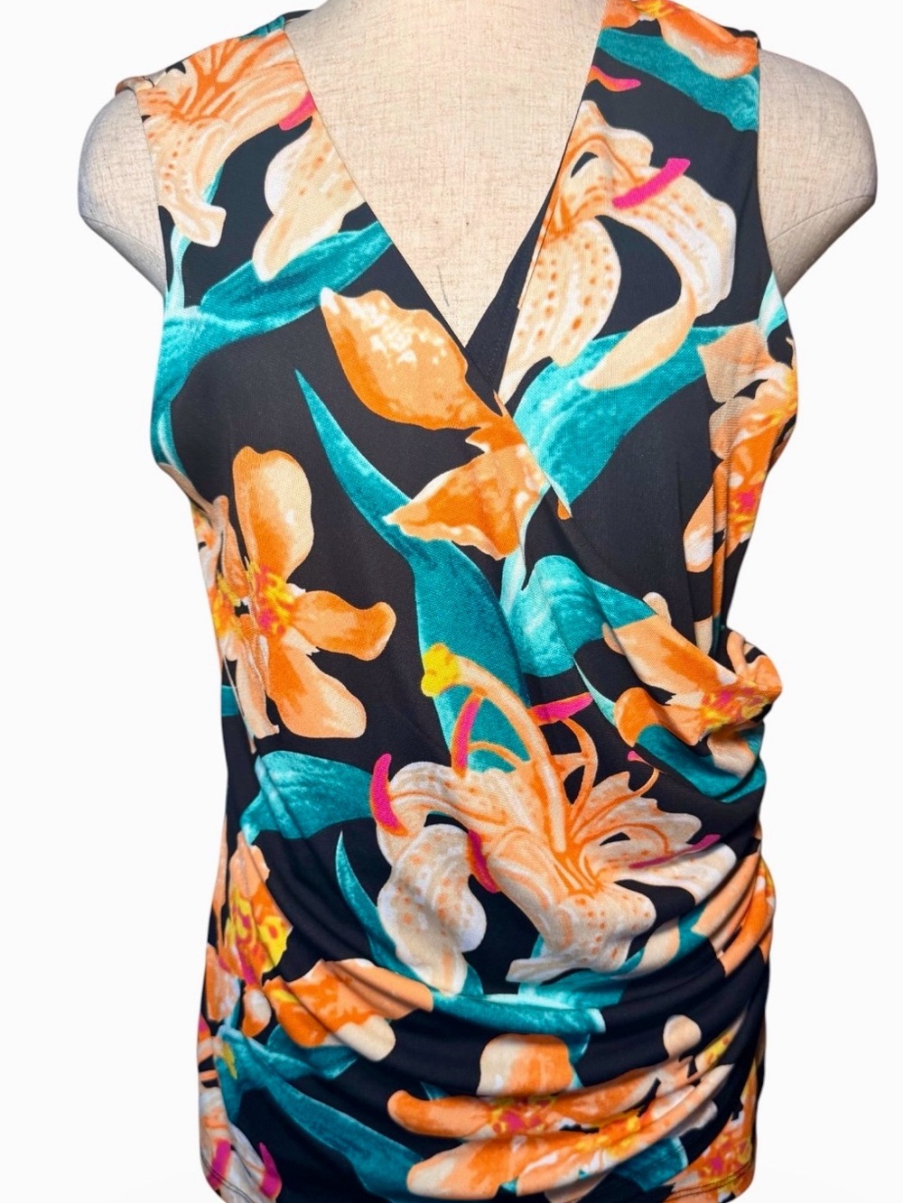 INC International Concepts Black Floral V-Neck Sleeveless Wrap Top